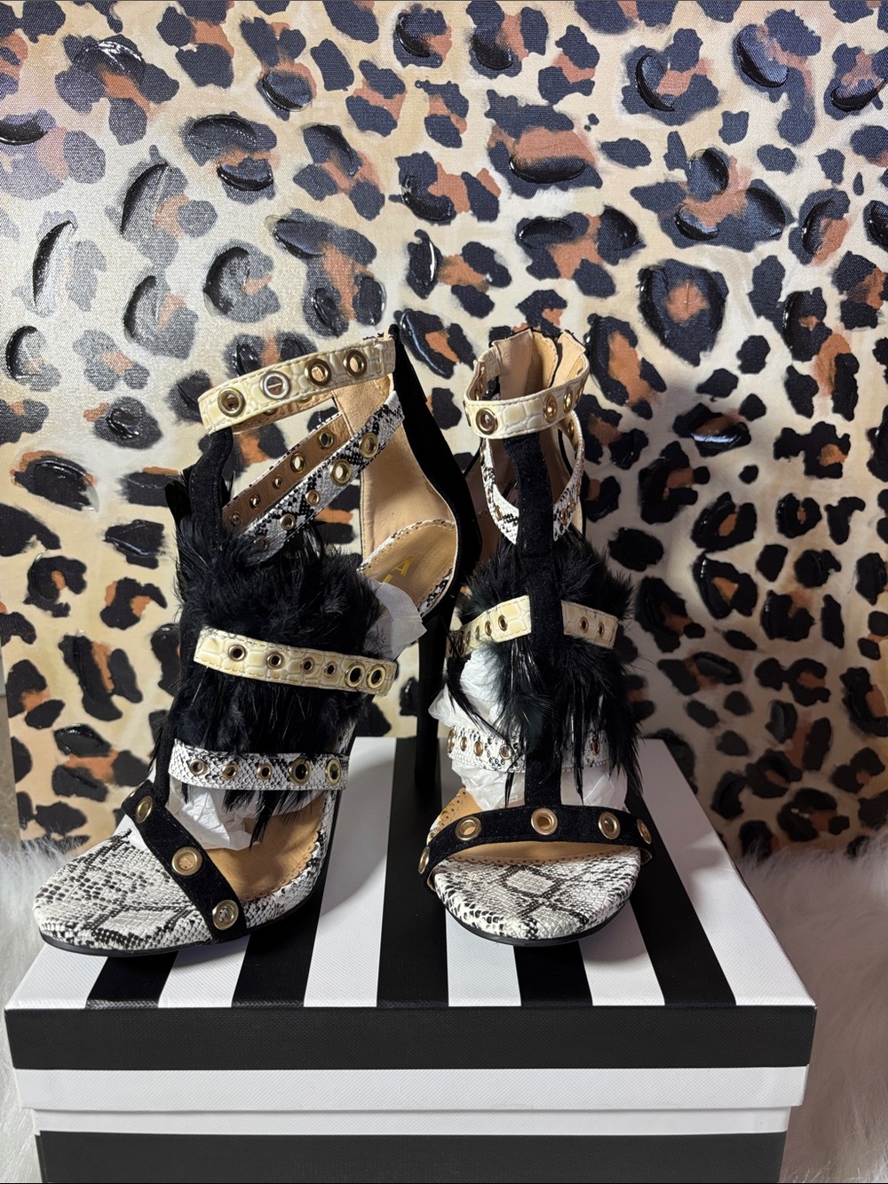 Alba Black & White Snakeskin Feather Studded High Heels
